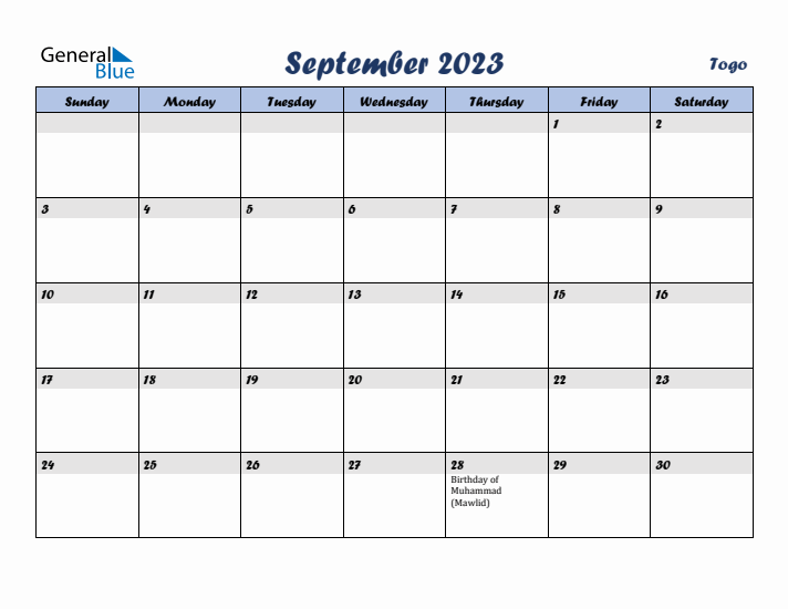 September 2023 Calendar with Holidays in Togo