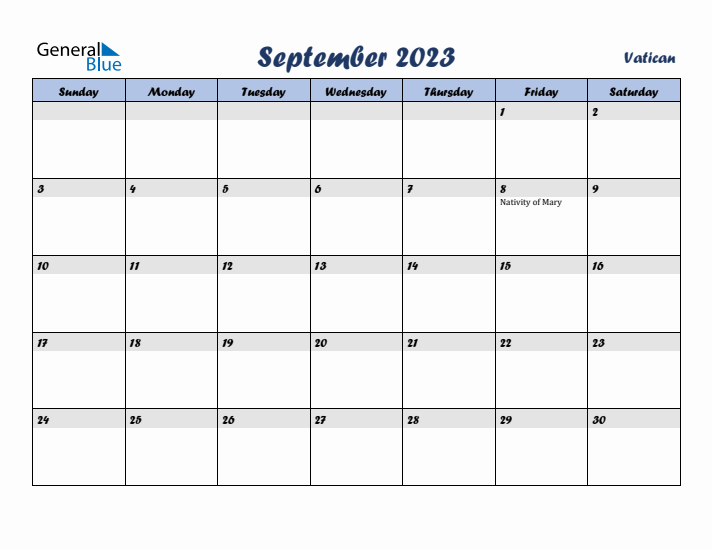 September 2023 Calendar with Holidays in Vatican