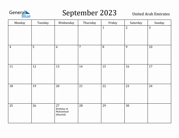 September 2023 Calendar United Arab Emirates