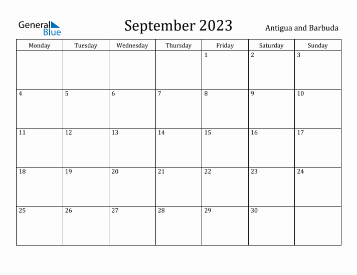 September 2023 Calendar Antigua and Barbuda