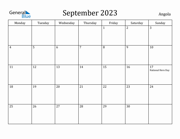 September 2023 Calendar Angola