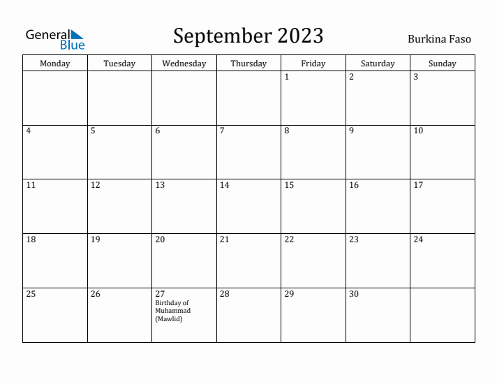September 2023 Calendar Burkina Faso