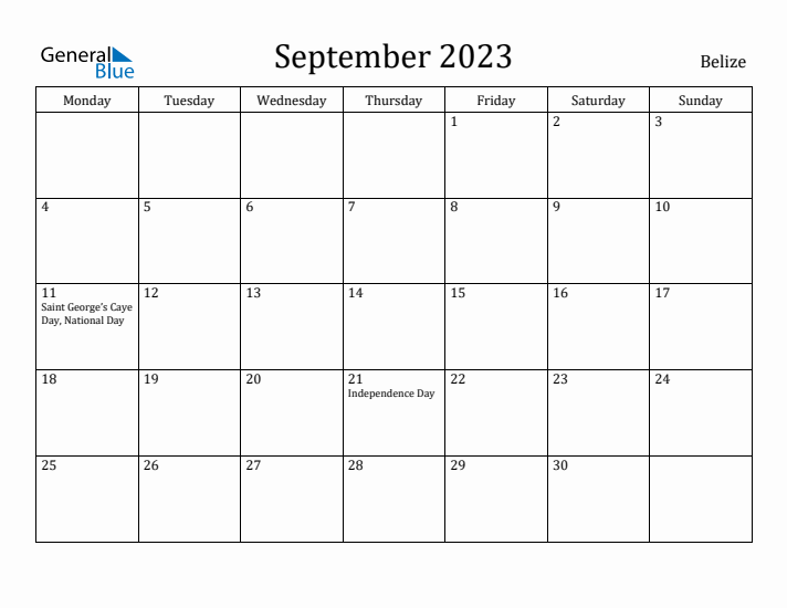 September 2023 Calendar Belize