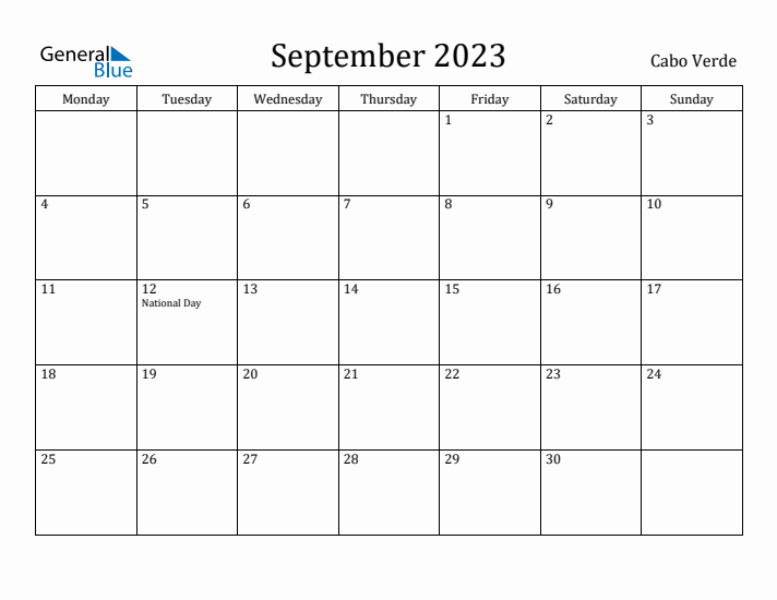 September 2023 Calendar Cabo Verde