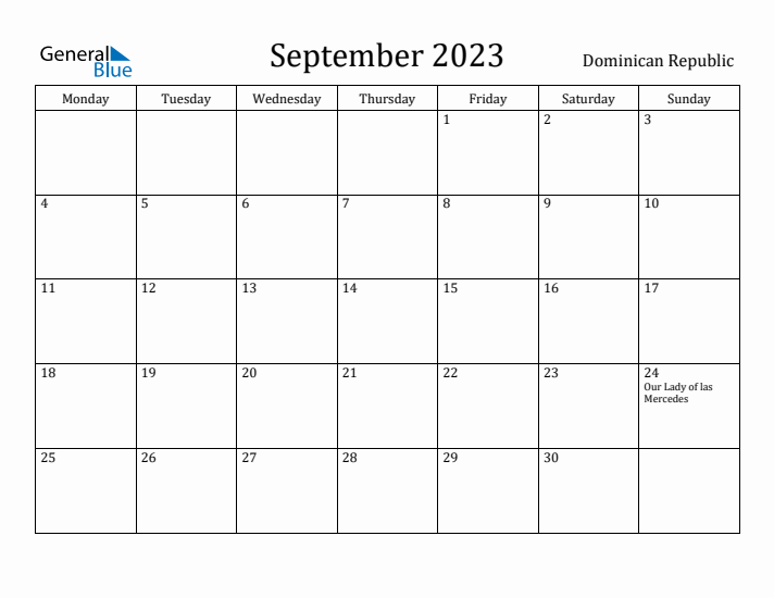 September 2023 Calendar Dominican Republic
