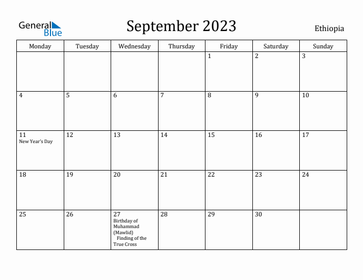 September 2023 Calendar Ethiopia