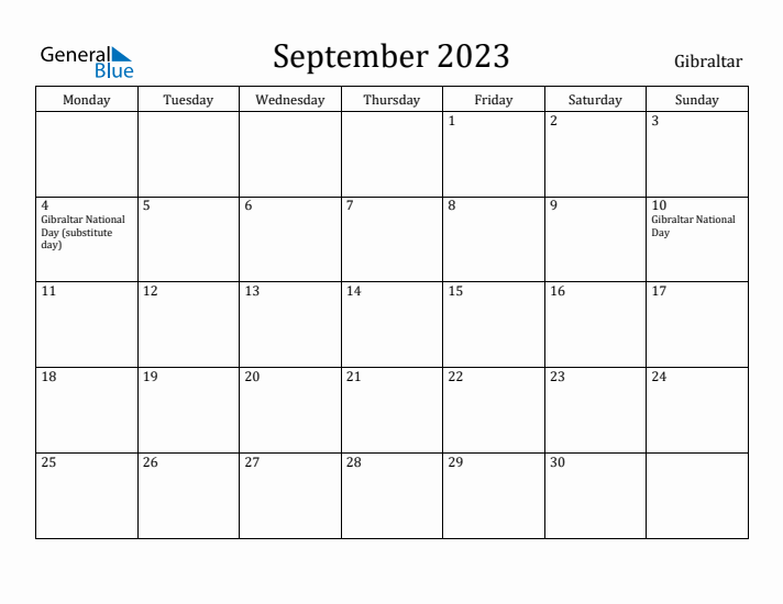 September 2023 Calendar Gibraltar
