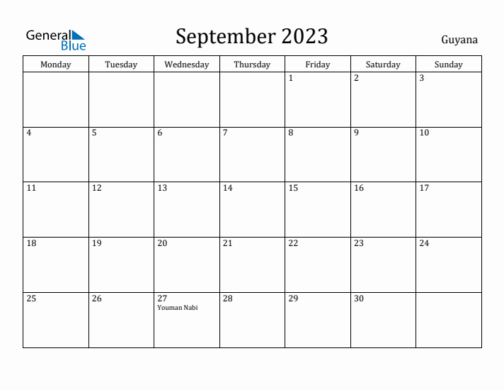 September 2023 Calendar Guyana