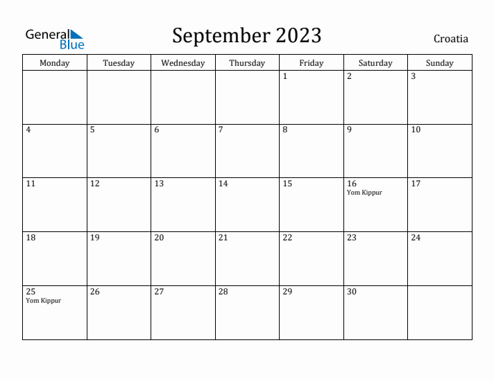 September 2023 Calendar Croatia
