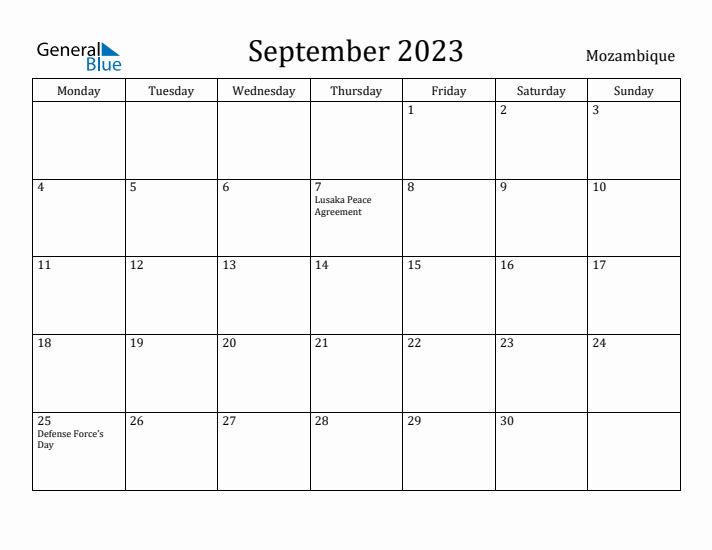 September 2023 Calendar Mozambique