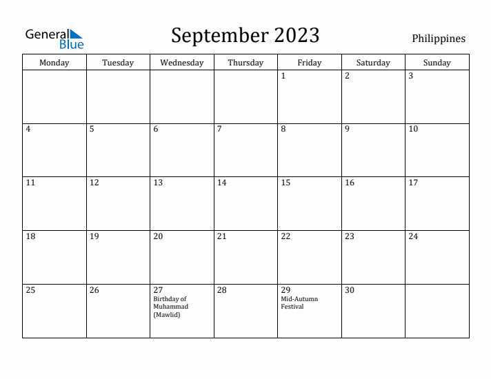 September 2023 Philippines Monthly Calendar with Holidays
