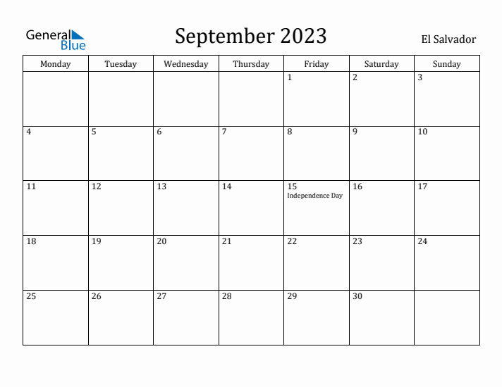 September 2023 Calendar El Salvador