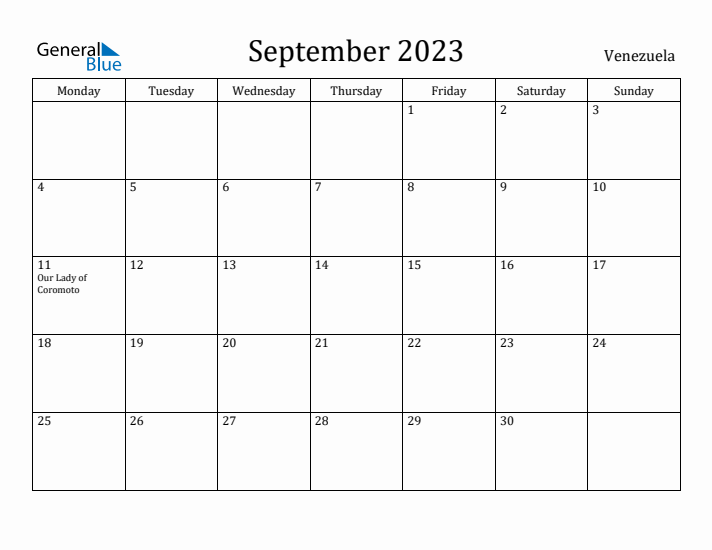 September 2023 Calendar Venezuela