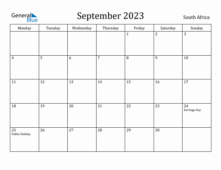 September 2023 Calendar South Africa