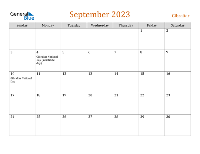 Gibraltar September 2023 Calendar with Holidays