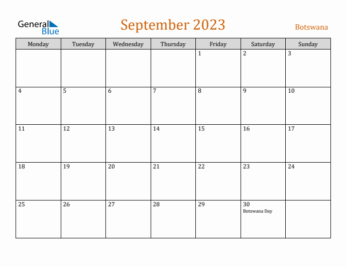 September 2023 Holiday Calendar with Monday Start