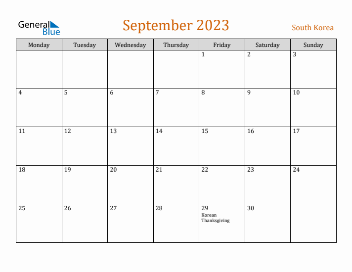 September 2023 Holiday Calendar with Monday Start