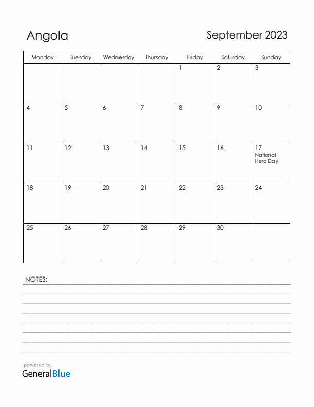 September 2023 Angola Calendar with Holidays (Monday Start)