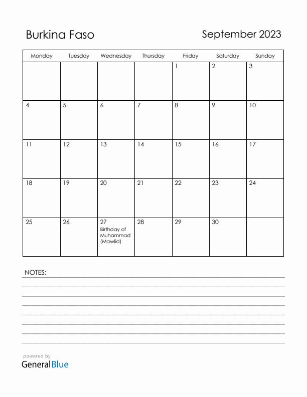 September 2023 Burkina Faso Calendar with Holidays (Monday Start)