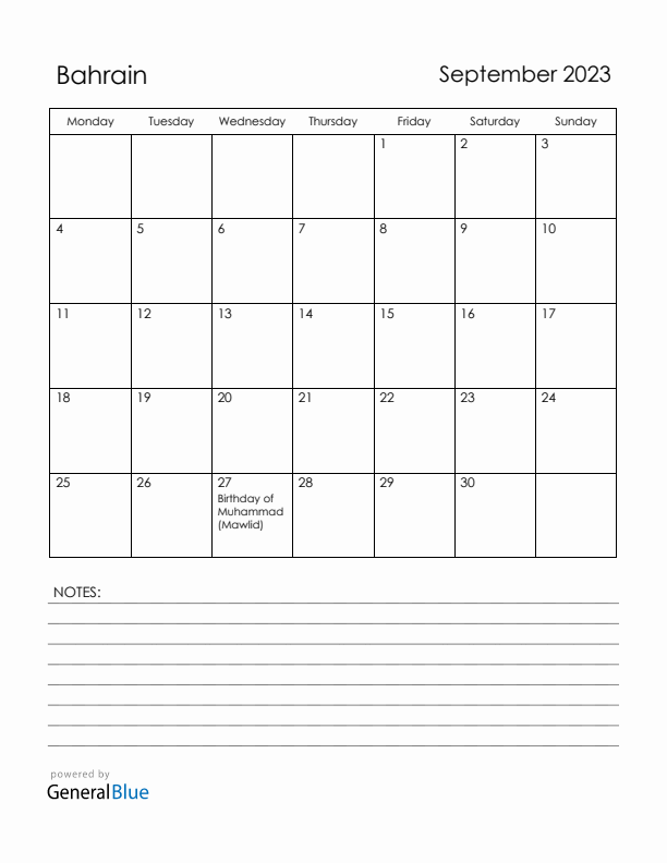September 2023 Bahrain Calendar with Holidays (Monday Start)