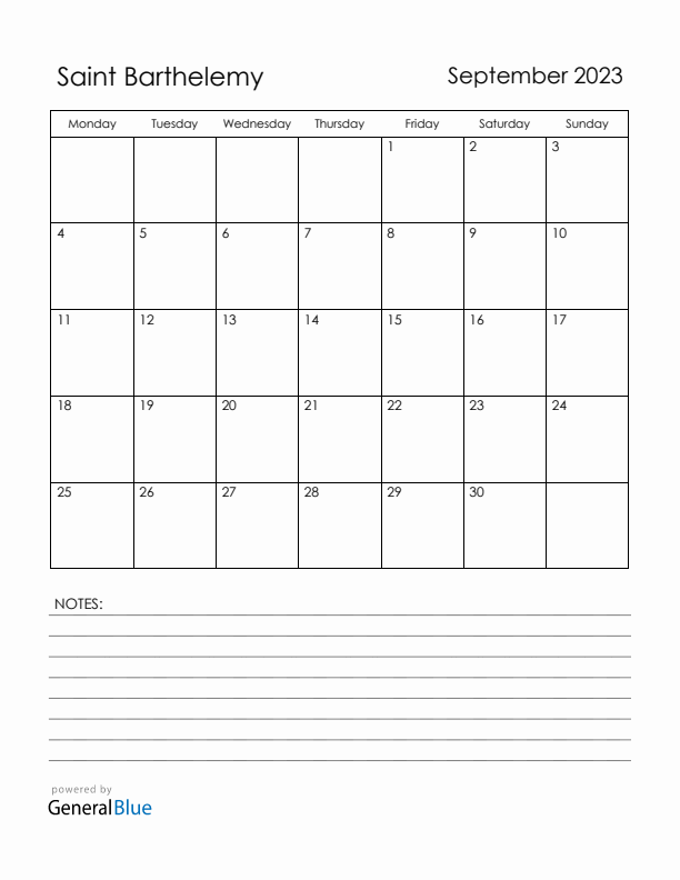 September 2023 Saint Barthelemy Calendar with Holidays (Monday Start)