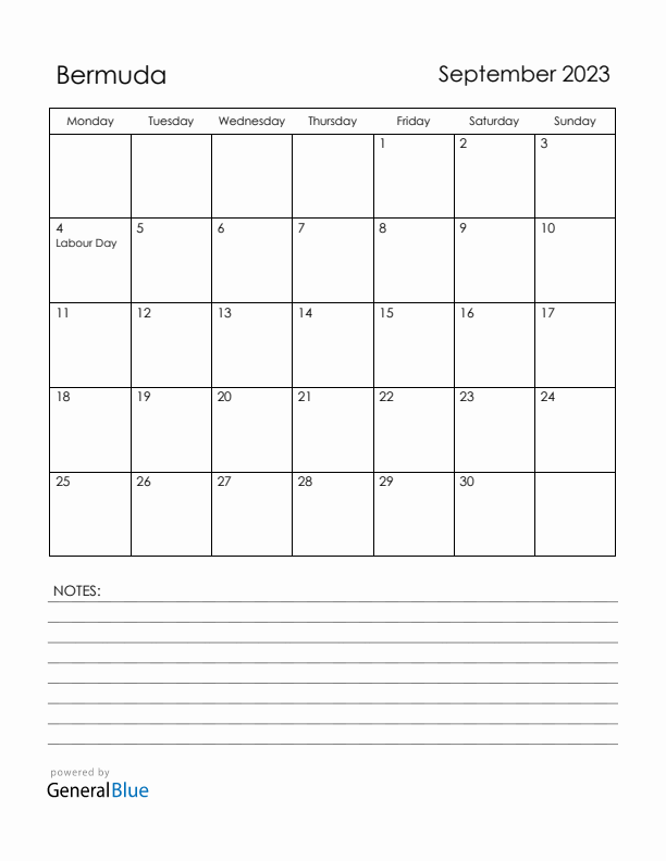 September 2023 Bermuda Calendar with Holidays (Monday Start)