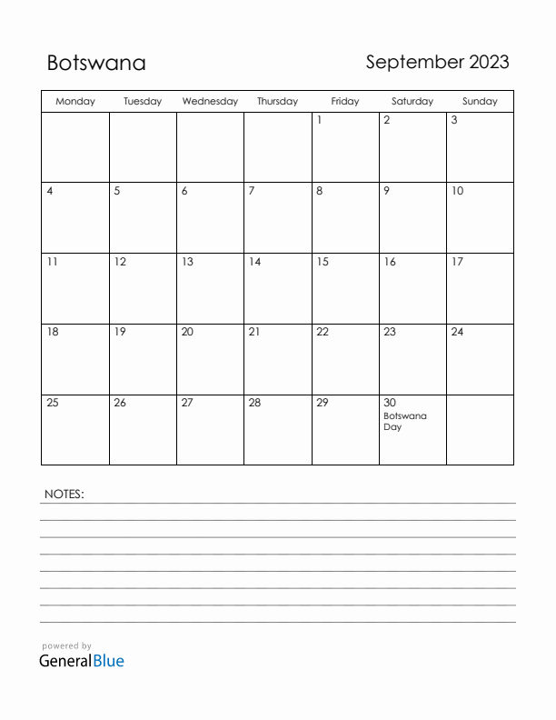 September 2023 Botswana Calendar with Holidays (Monday Start)
