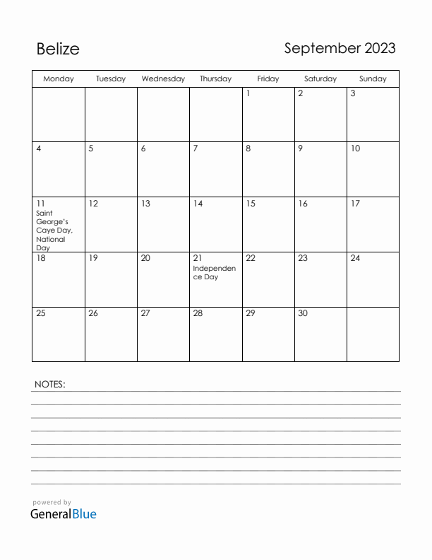 September 2023 Belize Calendar with Holidays (Monday Start)