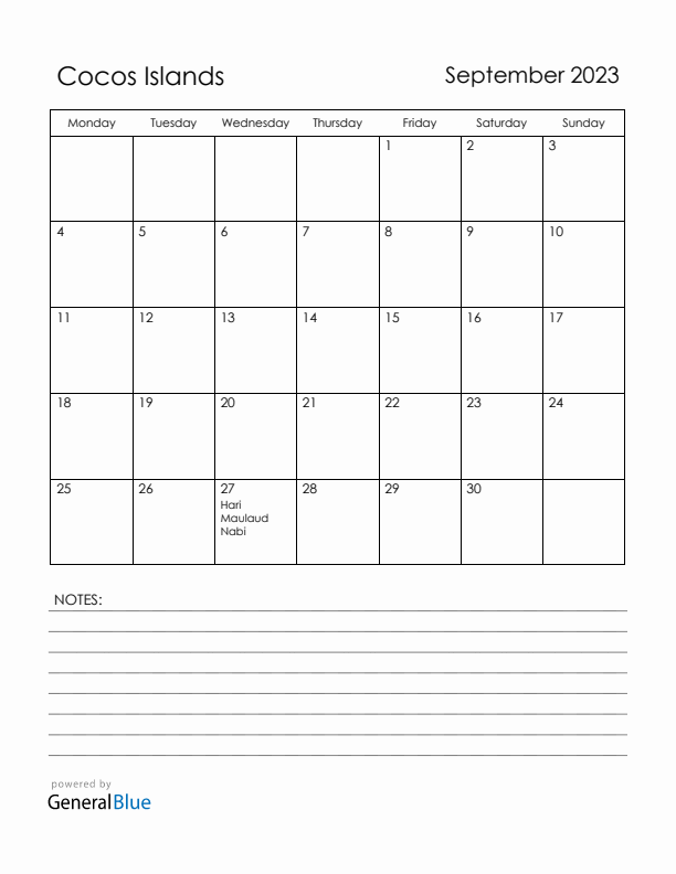 September 2023 Cocos Islands Calendar with Holidays (Monday Start)