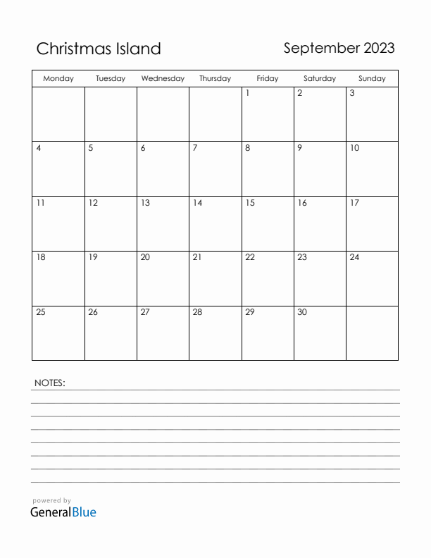 September 2023 Christmas Island Calendar with Holidays (Monday Start)