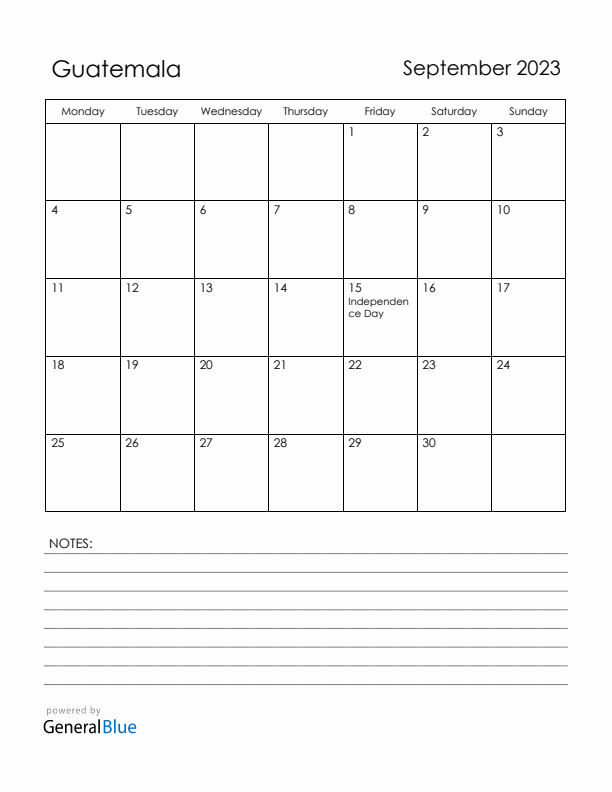 September 2023 Guatemala Calendar with Holidays (Monday Start)