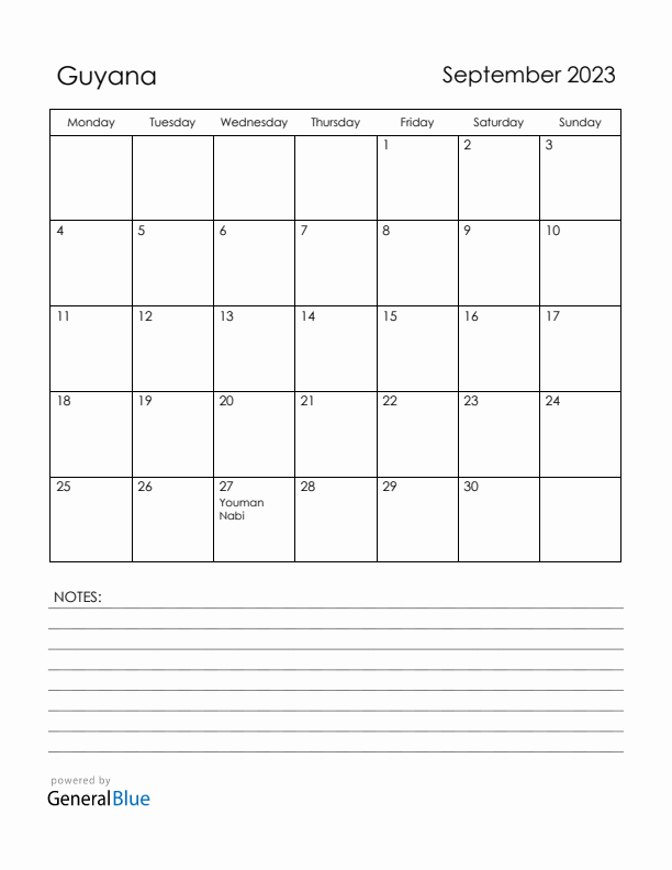 September 2023 Guyana Calendar with Holidays (Monday Start)