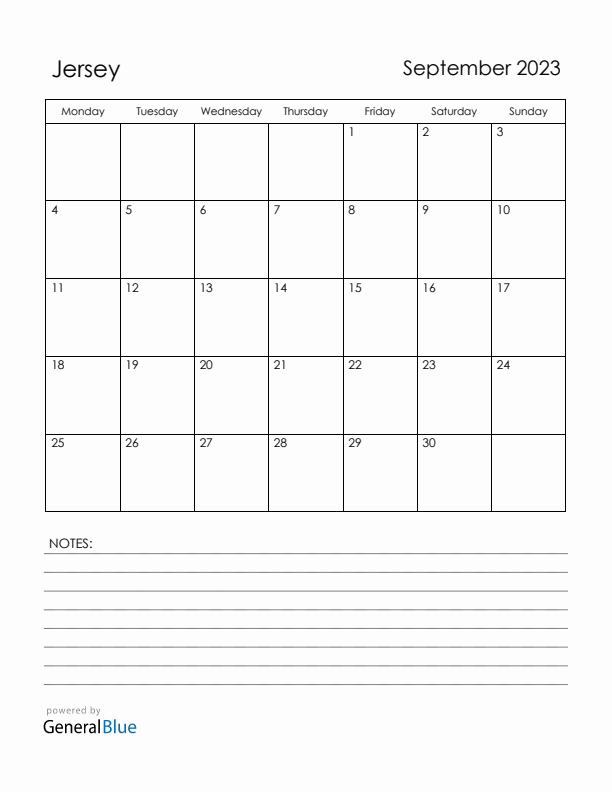 September 2023 Jersey Calendar with Holidays (Monday Start)
