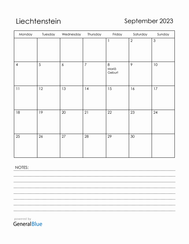 September 2023 Liechtenstein Calendar with Holidays (Monday Start)