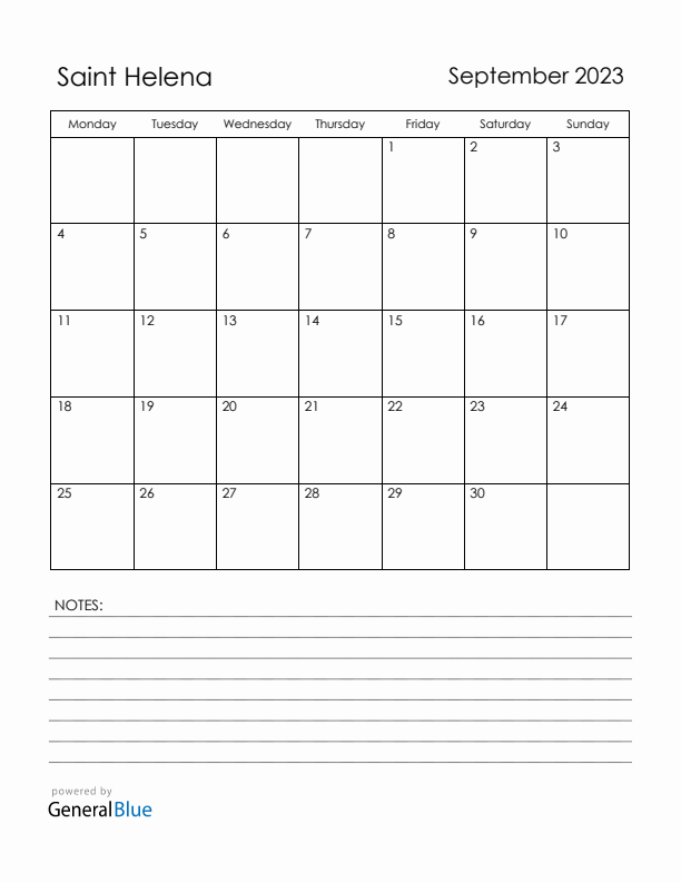 September 2023 Saint Helena Calendar with Holidays (Monday Start)
