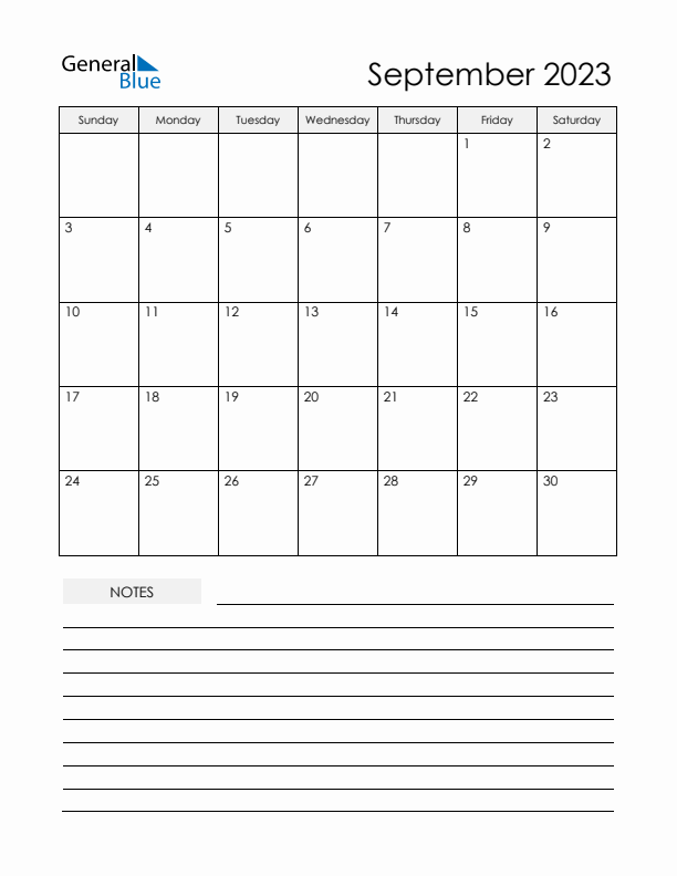 Printable Calendar with Notes - September 2023 