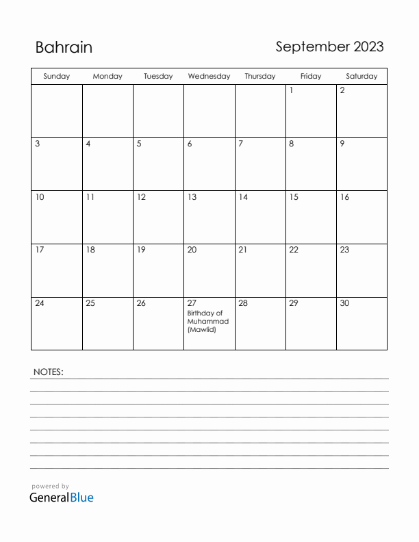 September 2023 Bahrain Calendar with Holidays (Sunday Start)