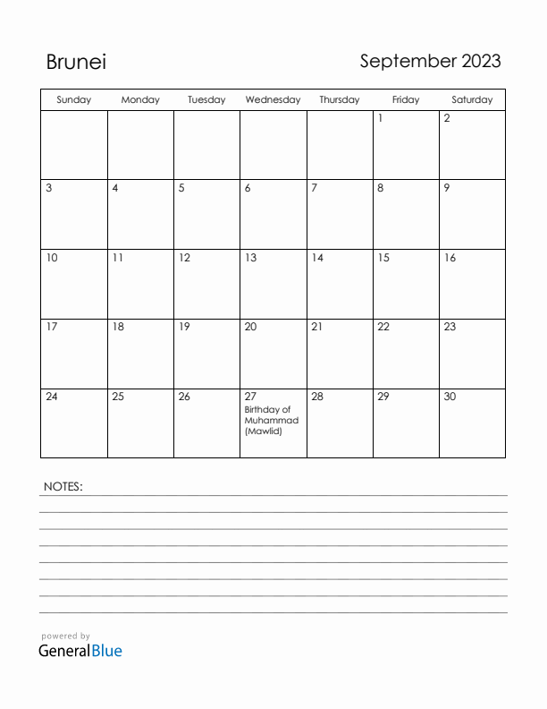 September 2023 Brunei Calendar with Holidays (Sunday Start)