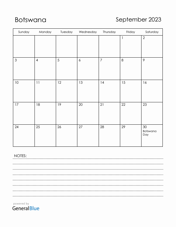 September 2023 Botswana Calendar with Holidays (Sunday Start)