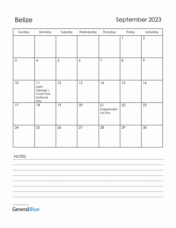 September 2023 Belize Calendar with Holidays (Sunday Start)