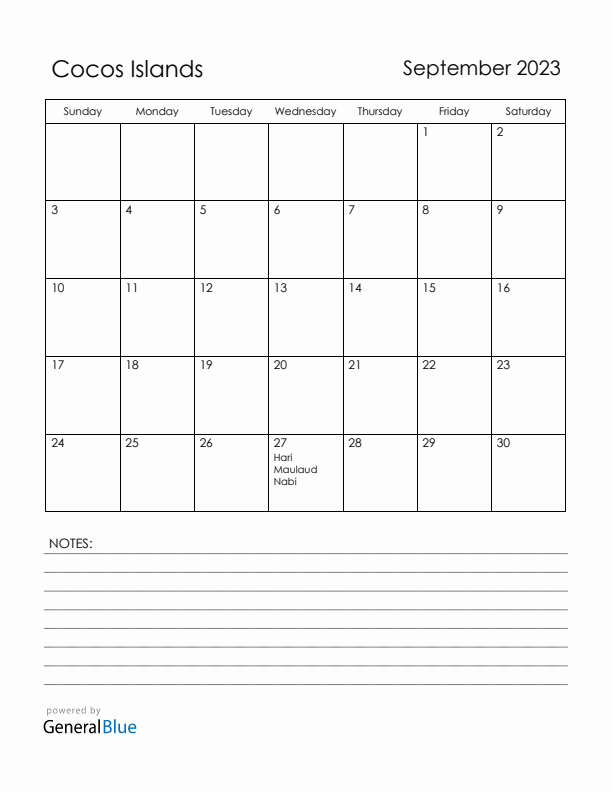 September 2023 Cocos Islands Calendar with Holidays (Sunday Start)