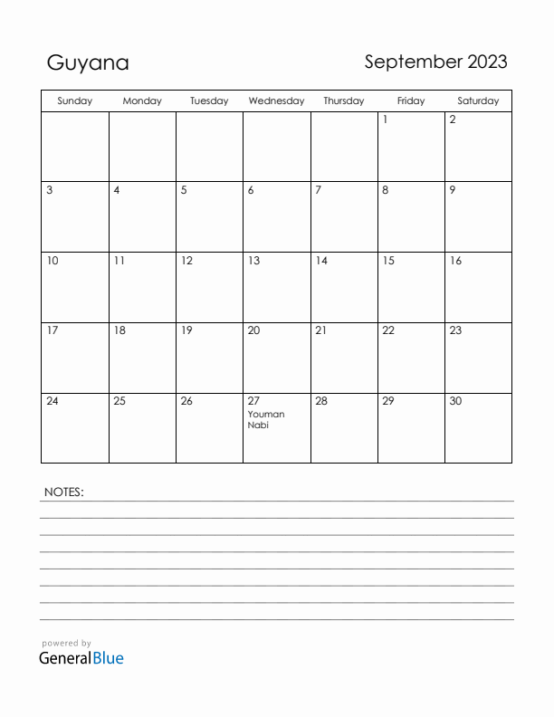September 2023 Guyana Calendar with Holidays (Sunday Start)