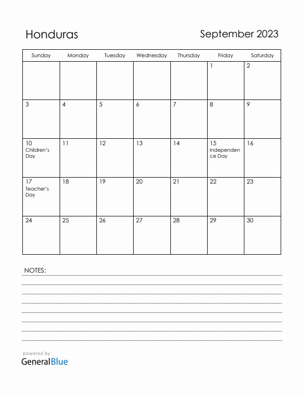 September 2023 Honduras Calendar with Holidays (Sunday Start)