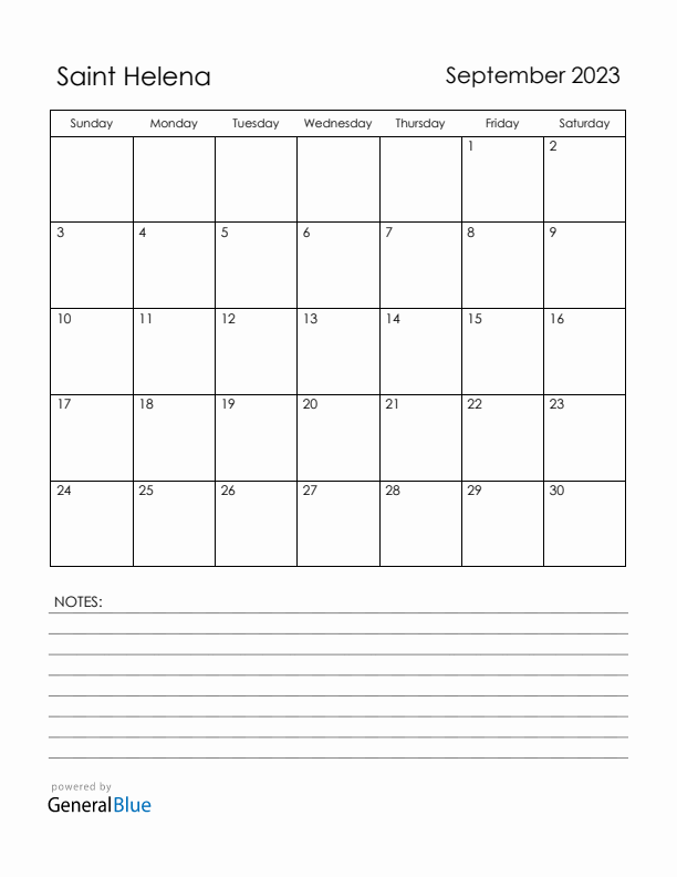 September 2023 Saint Helena Calendar with Holidays (Sunday Start)