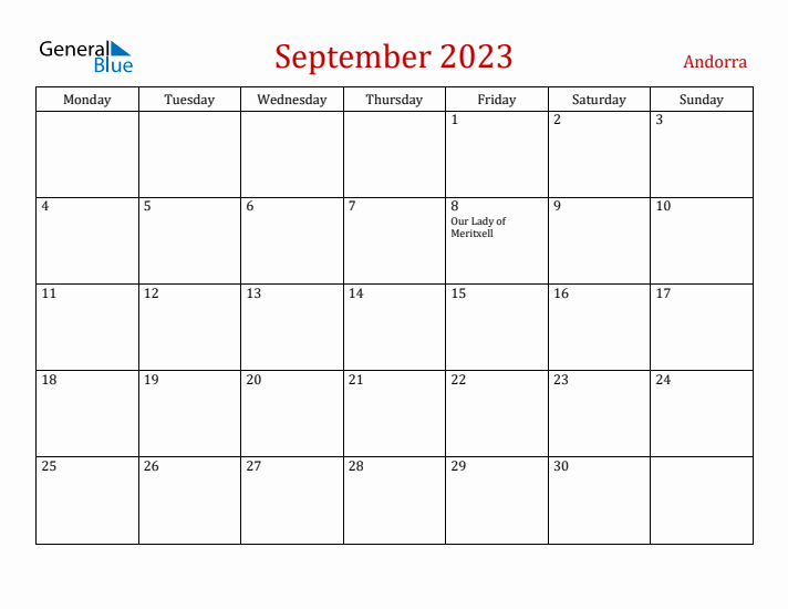 Andorra September 2023 Calendar - Monday Start
