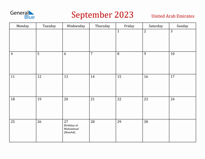 United Arab Emirates September 2023 Calendar - Monday Start