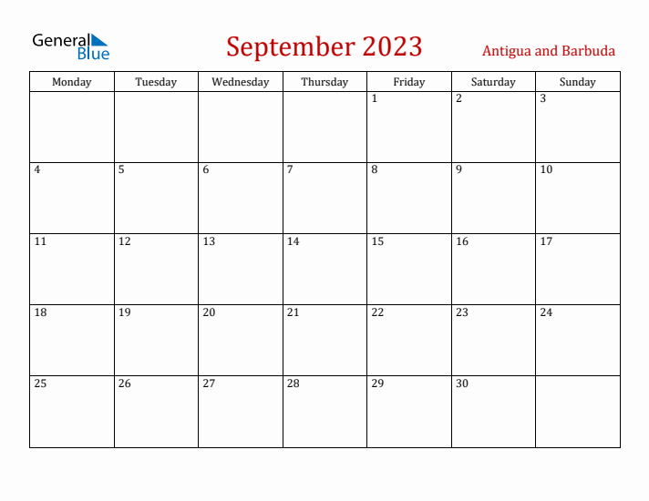 Antigua and Barbuda September 2023 Calendar - Monday Start