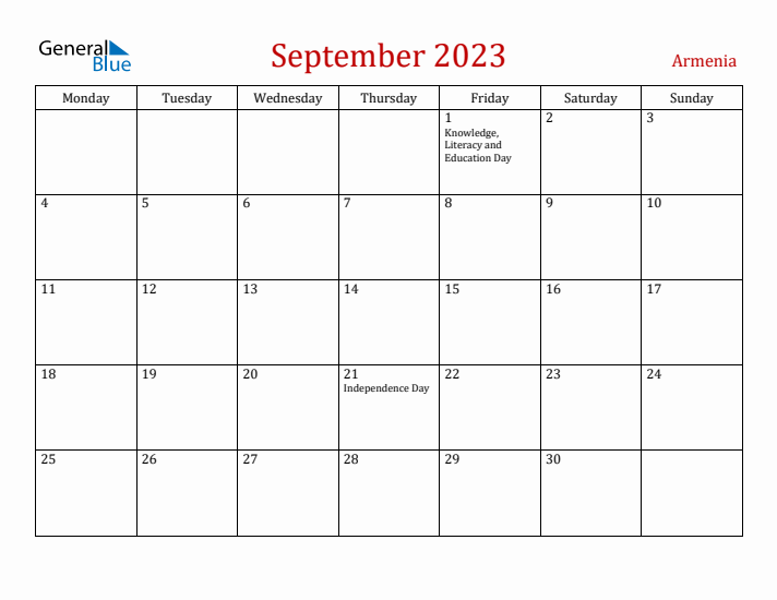 Armenia September 2023 Calendar - Monday Start