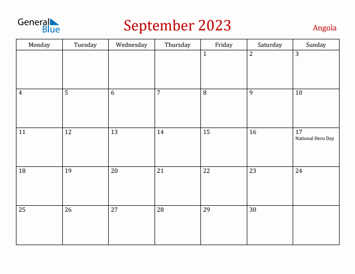 Angola September 2023 Calendar - Monday Start
