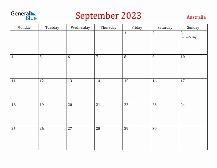Australia September 2023 Calendar - Monday Start